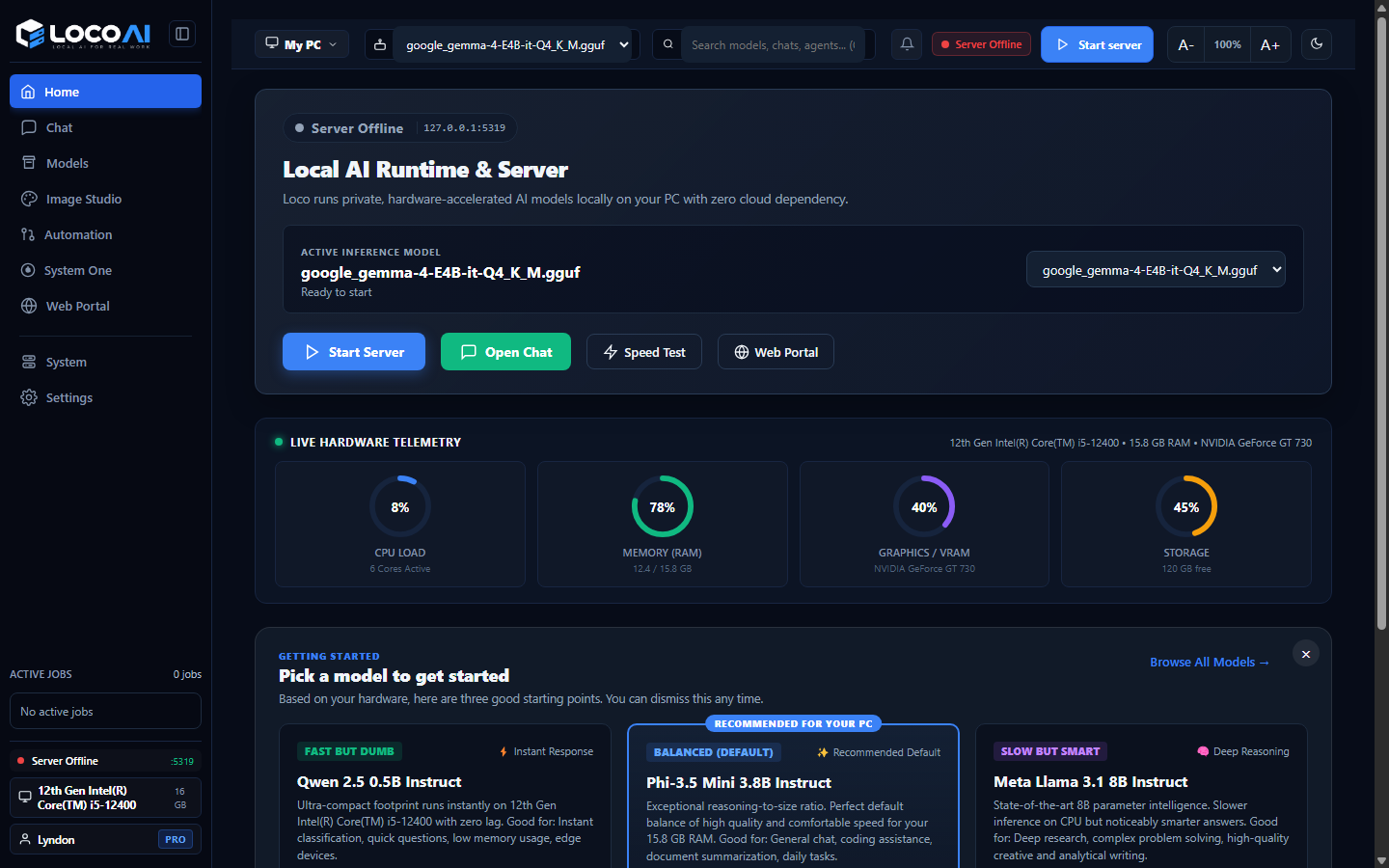 Loco 2.0.2 model library showing GGUF model choices and hardware guidance